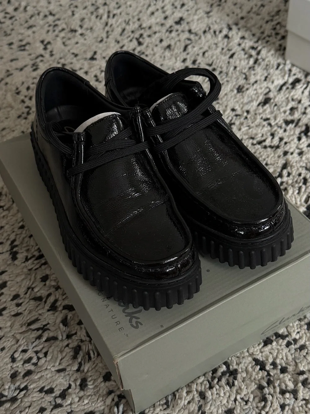 Clarks Black Patent Leather Platform Shoes